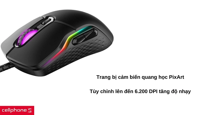 Cảm biến quang học PixArt cùng DPI lên đến 6.200 tăng độ nhạy cho mọi thao tác