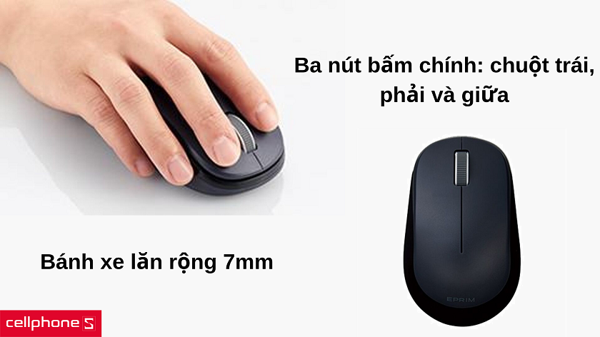 Ba nút bấm chính với bánh xe lăn chuột rộng