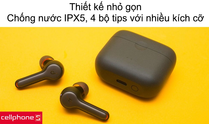 Thiết kế nhỏ gọn, chống nước IPX5, 4 bộ tips với nhiều kích cỡ