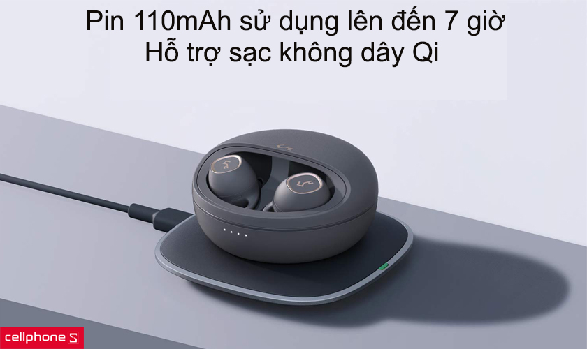 Pin 110mAh sử dụng lên đến 7 giờ, hỗ trợ sạc không dây Qi
