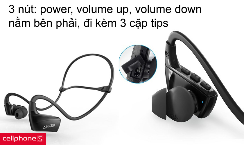 3 nút: power, volume up, volume down nằm bên phải, đi kèm 3 cặp tips