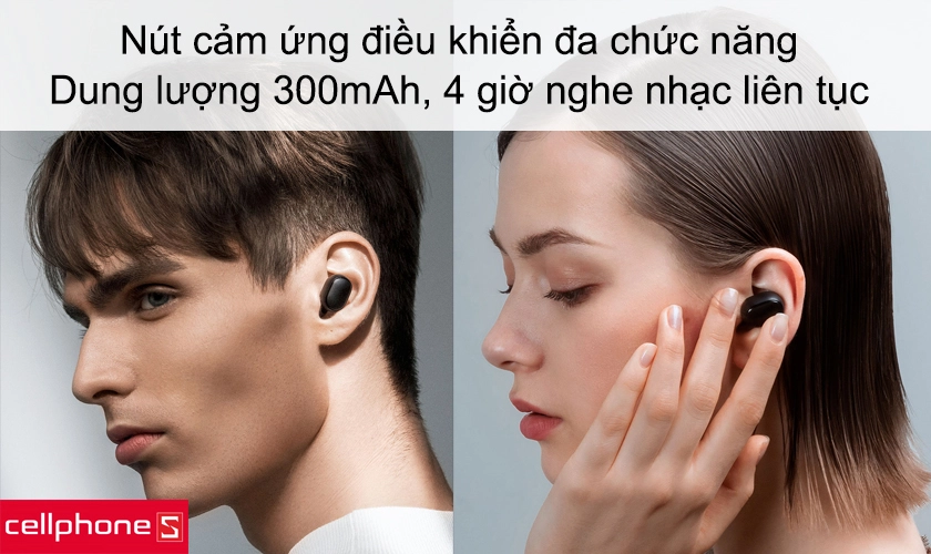 Nút cảm ứng điều khiển đa chức năng, dung lượng 300mAh, 4 giờ nghe nhạc liên tục