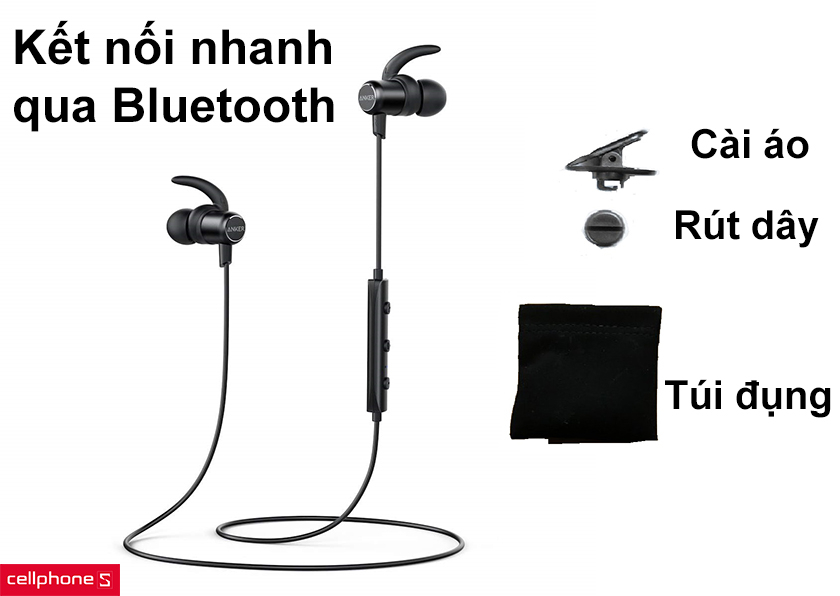 Kết nối nhanh chóng tương thích với thiết bị hỗ trợ giao tiếp Bluetooth, túi đựng, dụng cụ rút gọn dây, cài áo tiện lợi