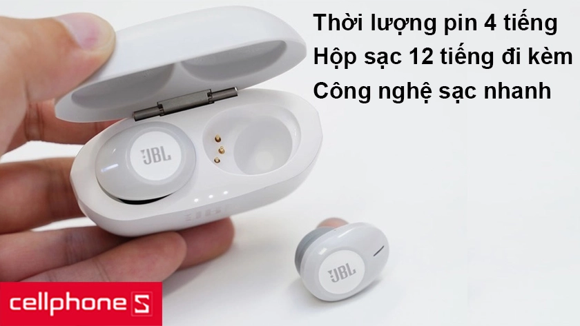 Thời lượng sử dụng lên đến 4 tiếng, hộp sạc 12 tiếng đi kèm và công nghệ sạc nhanh
