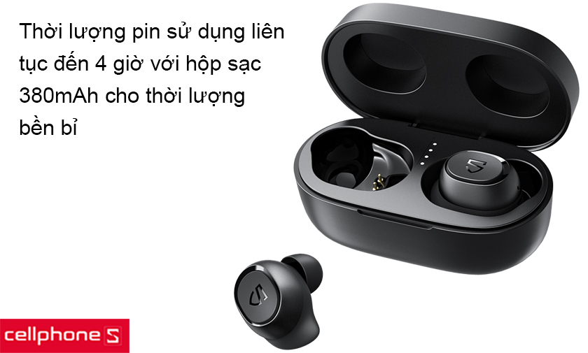 Thời lượng liên tục suốt 4 giờ và hộp sạc 380mAh sạc được 4 lần