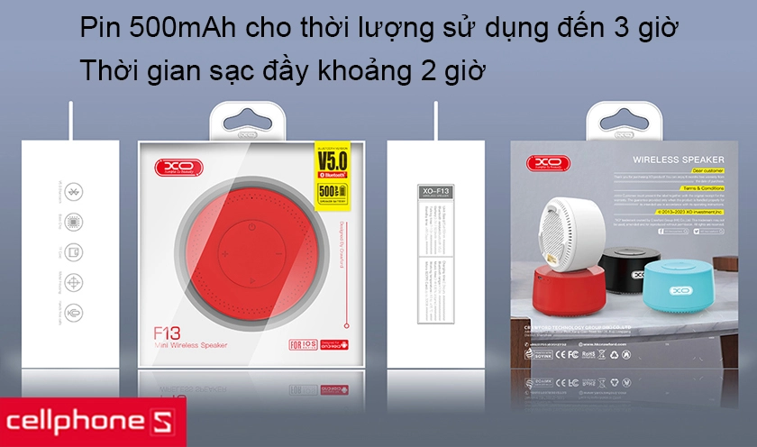 Pin 500mAh cho thời lượng sử dụng liên tục đến 3 giờ