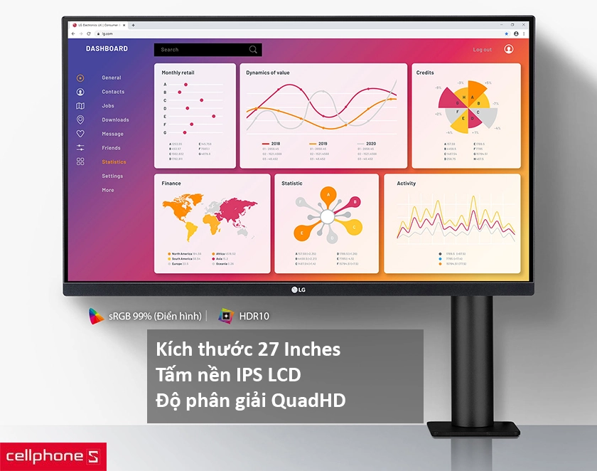 Màn hình kích thước lớn 27 Inches, tấm nền IPS QuadHD, công nghệ HDR