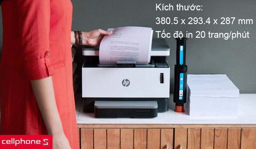 Thiết kế gọn gàng, hiện đại với tốc độ in nhanh 20 trang/phút, hỗ trợ nhiều khổ giấy
