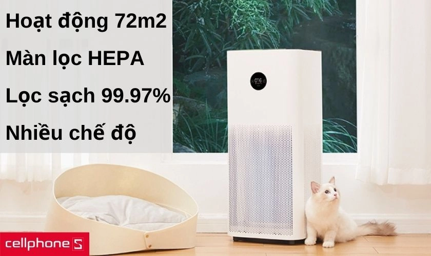 Diện tích hoạt động lên đến 72m2 và hiển thị chất lượng không khí qua màn hình OLED