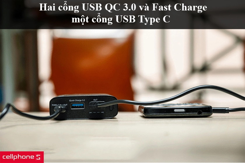 Hai cổng USB QC 3.0 và một cổng USB Type C hỗ trợ sạc nhanh