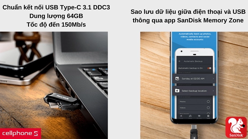 Dung lượng 64 GB, tốc độ chuyển đổi nhanh, sao lưu tự động qua app
