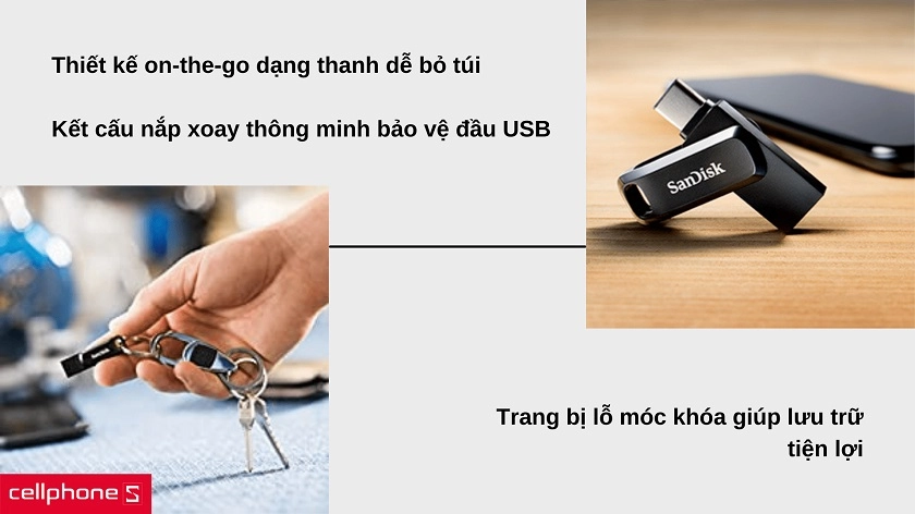 Thiết kế nắp xoay thông minh, dễ dàng luồn móc khóa lưu trữ dễ dàng