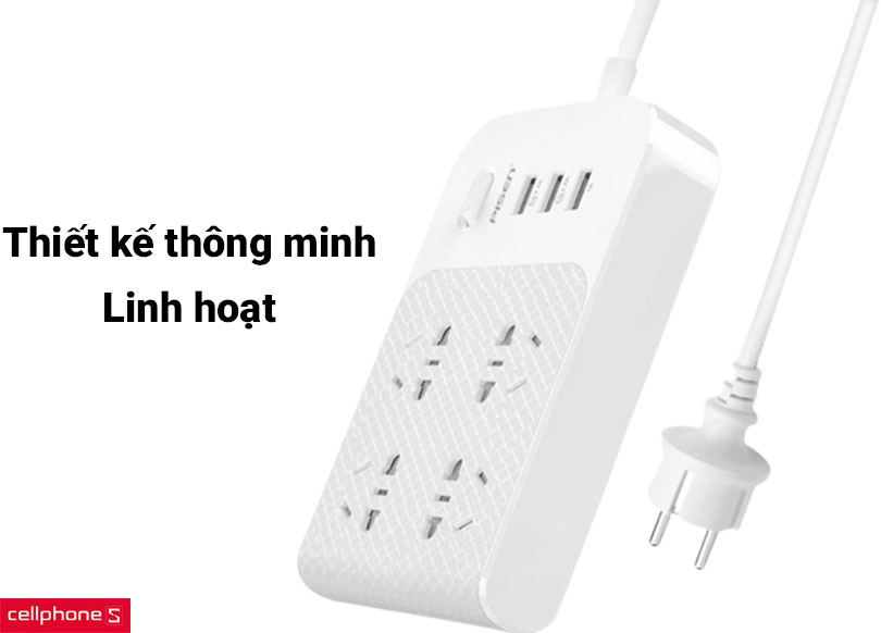 Ổ cắm điện Pisen BH-43 (4 Cổng AC – 3 Cổng USB) dán tường