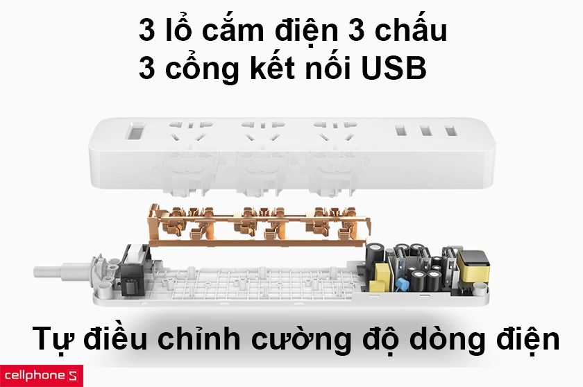 Trang bị 3 lỗ cắm điện 3 chấu và 3 cổng USB sạc pin điện thoại tốc độ cao