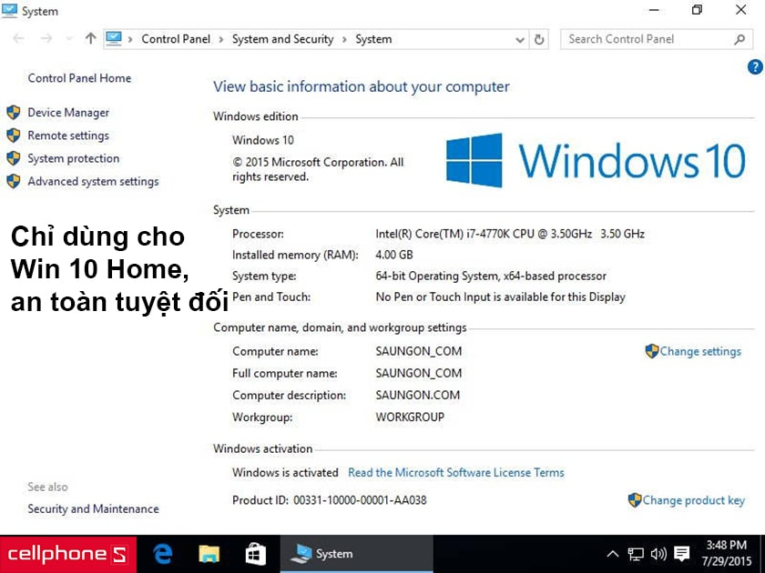 Chỉ dùng cho Win 10 Home, an toàn tuyệt đối