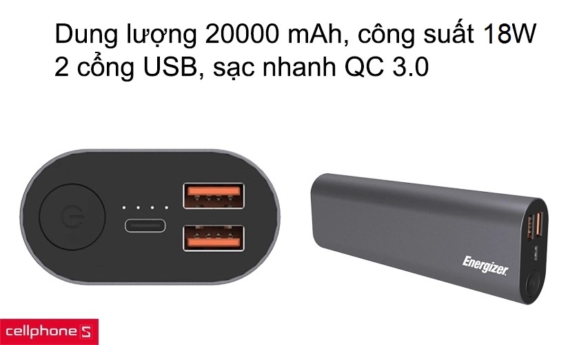 Dung lượng 20000 mAh, công suất 45W, 2 cổng USB, sạc nhanh QC 3.0