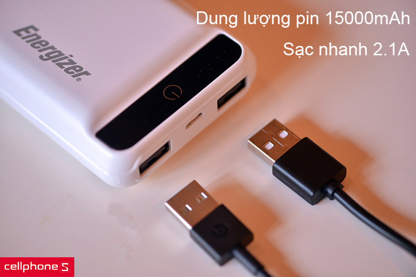 Dung lượng pin 15000mAh, công nghệ sạc nhanh 2.1A