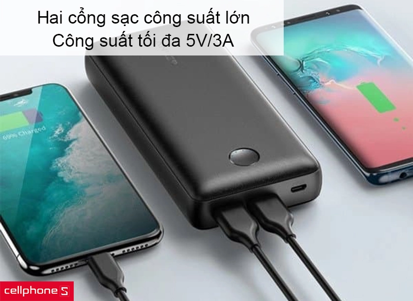 Hai cổng sạc với công suất lớn cùng khả năng tối ưu công suất nhờ công nghệ độc quyền Anker