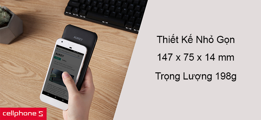 Kích thước 147 x 75 x 14 mm, trọng lượng 198g