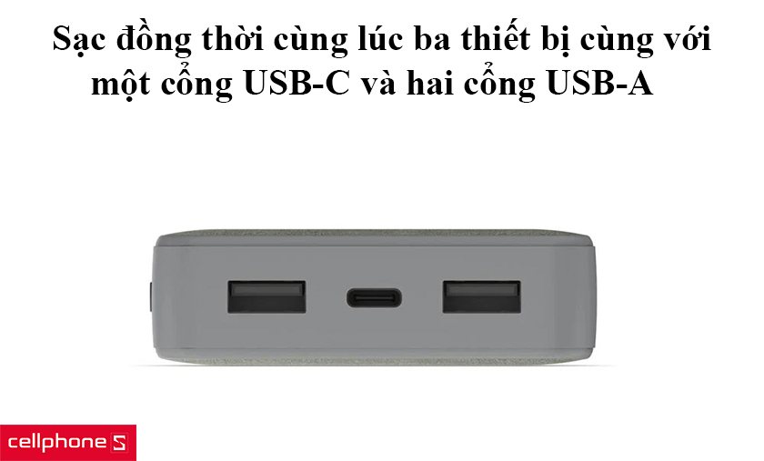 Sạc đồng thời cùng lúc ba thiết bị cùng với một cổng USB-C và hai cổng USB-A