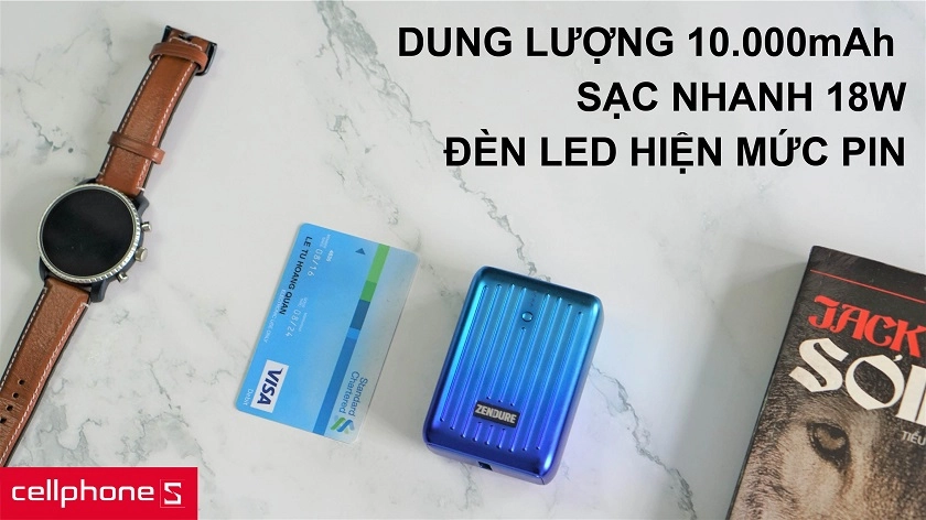 Thiết kế đèn LED thể hiện mức pin 10.000 Mah cùng nguồn điện sạc nhanh 18W