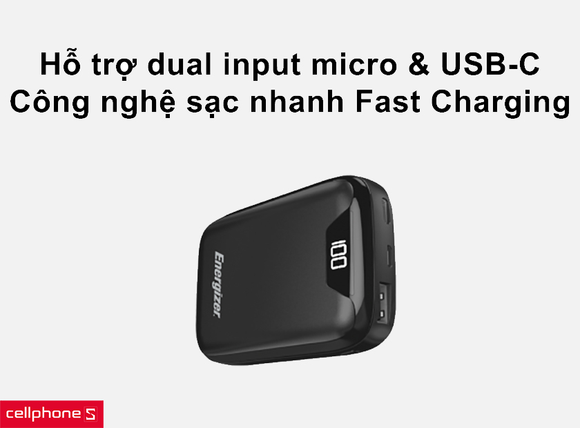 Hỗ trợ 2 cổng input micro & USB-C tiện dụng cùng công nghệ sạc nhanh Fast Charging