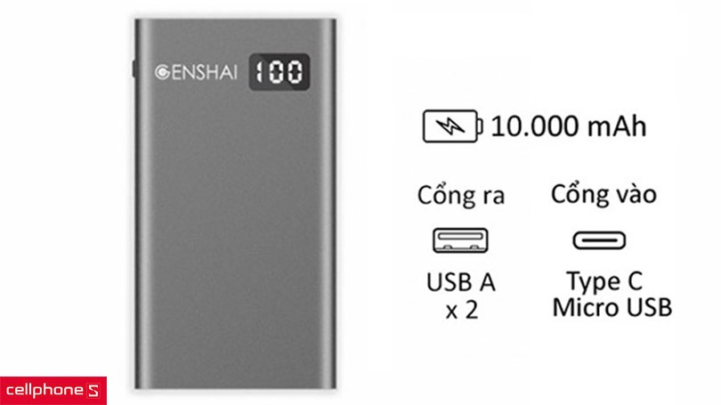 Dung lượng 10.000 mAh lớn, tuổi thọ cao