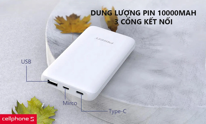 Dung lượng pin 10000mAh, đèn LED báo hiệu dung lượng