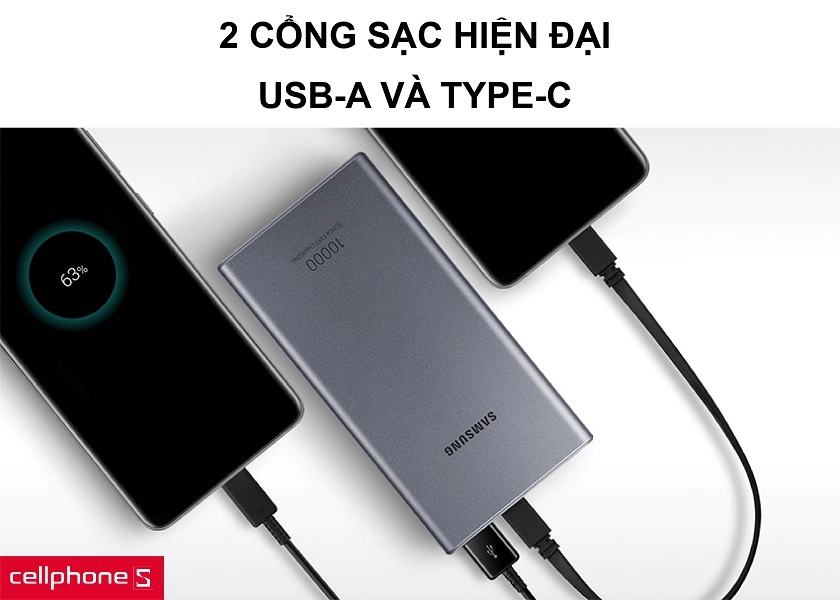 2 cổng sạc tiện lợi và việc sạc ngược cục sạc dễ dàng thông qua cổng Type-C