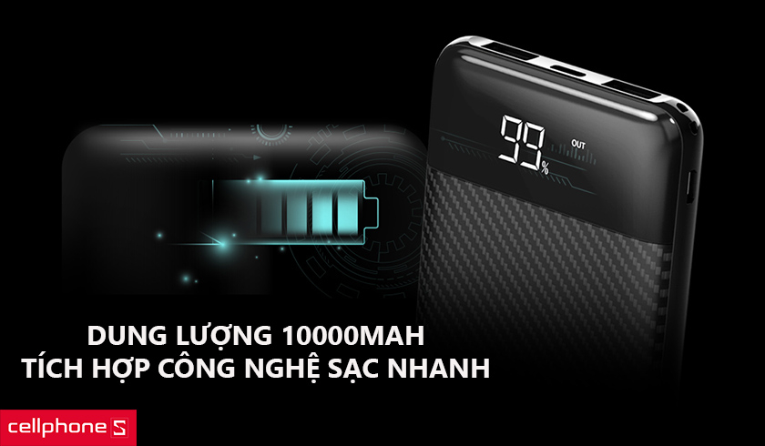 Dung lượng lớn 10000mAh, tích hợp công nghệ sạc nhanh tối ưu