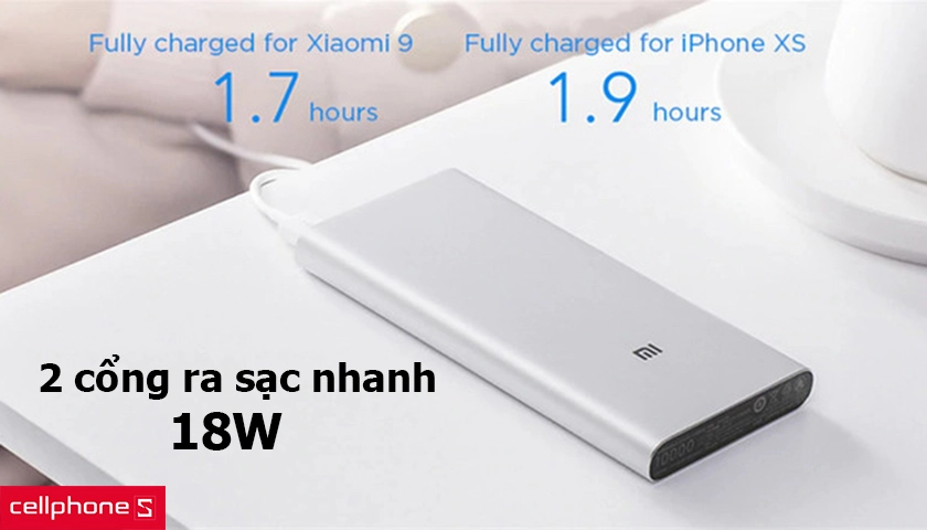 hai cổng ra sạc nhanh 18W