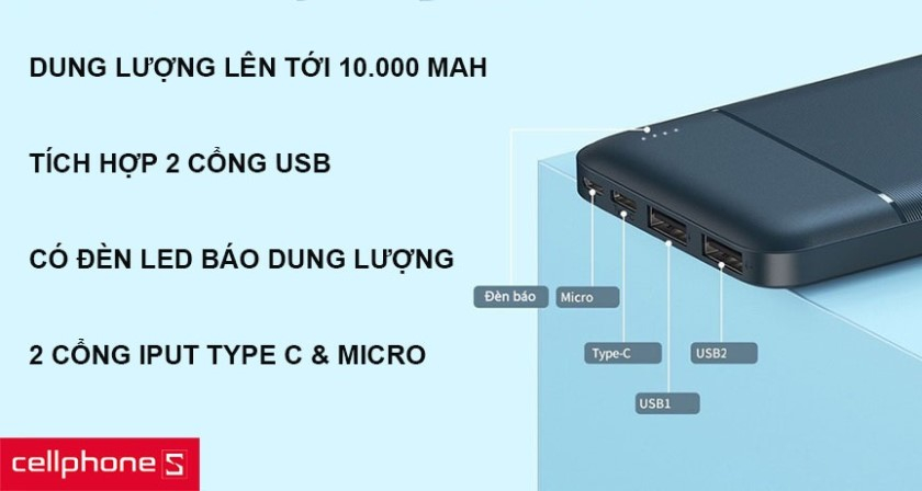 Dung lượng khủng tới 10.000 mAh, hỗ trợ sạc nhiều thiết bị