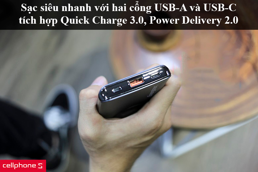 Sạc siêu nhanh với hai cổng USB-A và USB-C tích hợp Quick Charge 3.0, Power Delivery 2.0