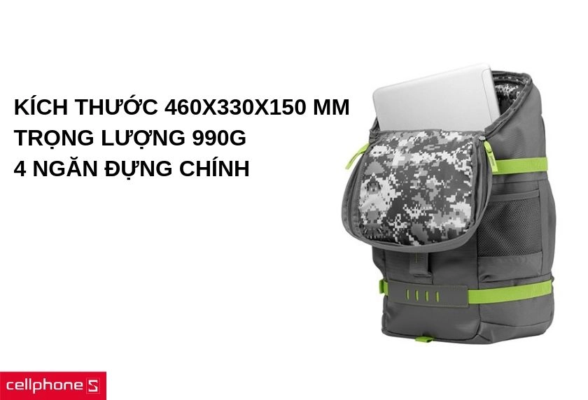 Kích thước 460x330x150 mm, trọng lượng 990g, thiết kế nhiều ngăn đựng đồ