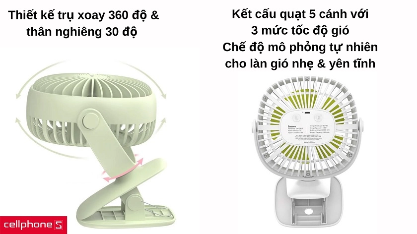 Kết cấu quạt 5 cánh, thiết kế xoay 360 độ giúp tận hưởng làn gió mát mẻ ở mọi phương hướng