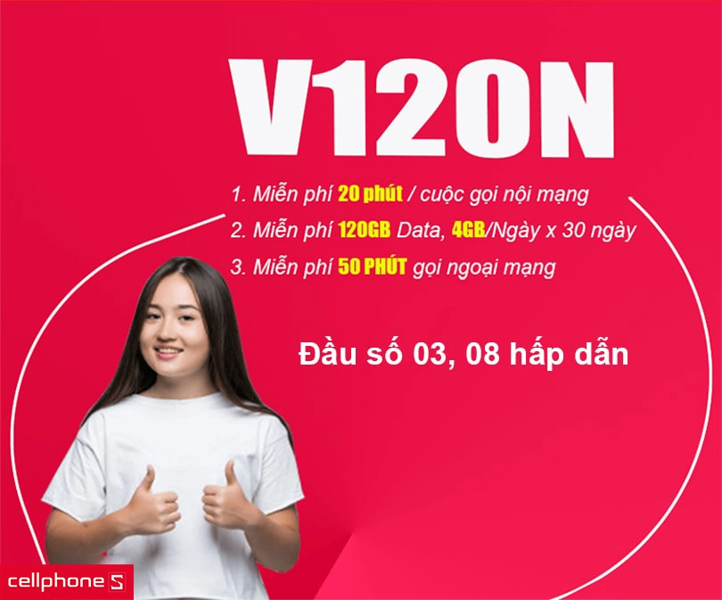Sim 4G Viettel V120N 4GB/ngày Free 12 tháng đầu số 03, 08