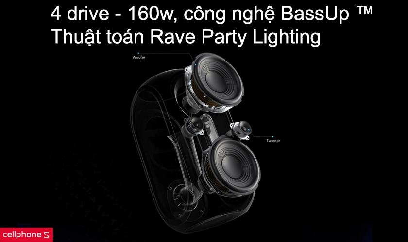 4 drive, công suất 160w, công nghệ BassUp ™ và thuật toán Rave Party Lighting