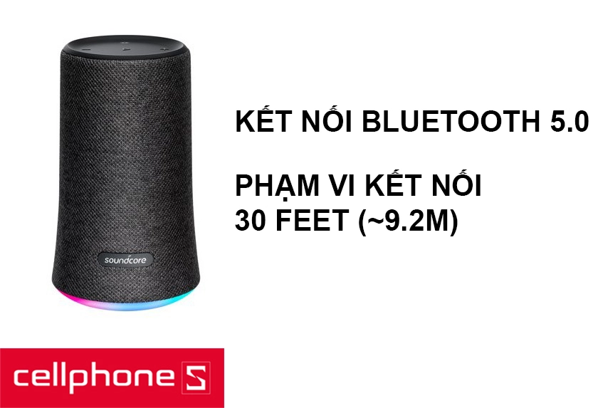 Loa sử dụng kết nối bluetooth 5.0, có khả năng kết nối tốt với phạm vi 30 feet