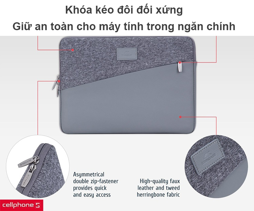 Khóa kéo đôi đối xứng cho ngăn chính, lớp đệm trong chống nước và va đập