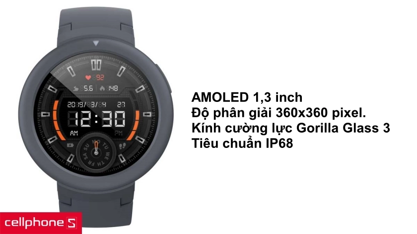 Màn hình Amoled 1,3 inch và được chế tạo từ vật liệu Polycarbonate