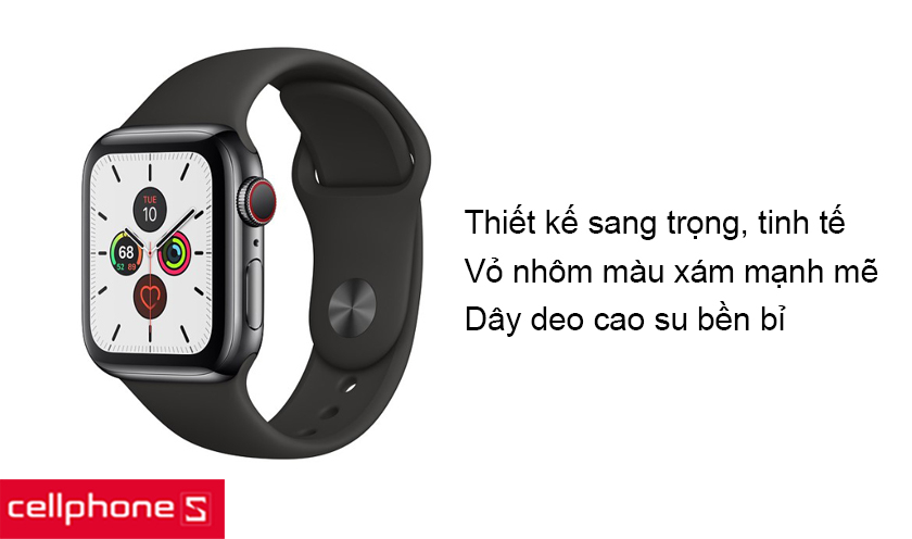 Thiết kế tinh tế, sang trọng với chất liệu vỏ nhôm và màu xám cá tính, dây đeo cao su đen