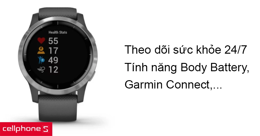 Theo dõi sức khỏe 24/7 với các tính năng theo dõi sức khỏe như Body Battery, theo dõi hô hấp, Garmin Connect,…