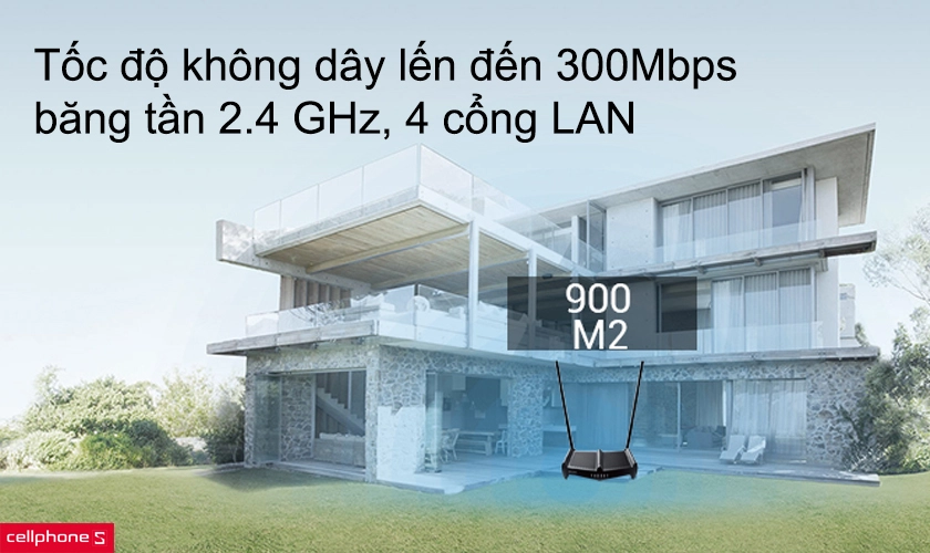 Tốc độ không dây lến đến 300Mbps băng tần 2.4 GHz, 4 cổng LAN