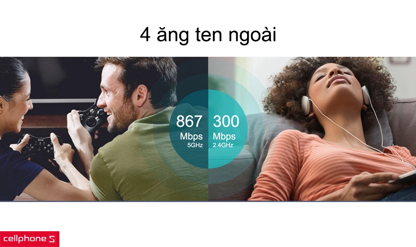 4 ăng ten ngoài, tốc độ 300Mbps-2.4GHz và 867Mbps-5GHz