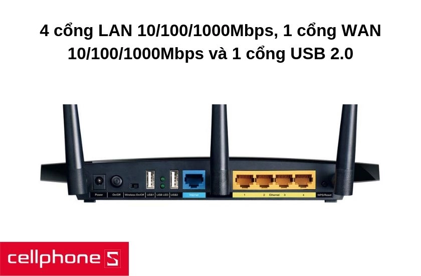 Giao diện được trang bị 4 cổng LAN 10/100/1000Mbps, 1 cổng WAN 10/100/1000Mbps và 1 cổng USB 2.0