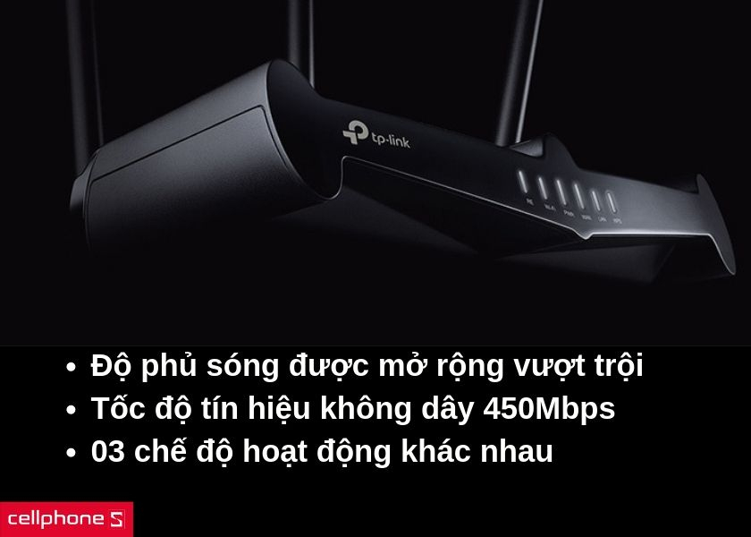 Độ phủ sóng vượt trội, tốc độ không dây 450Mbps với 3 chức năng tùy chỉnh
