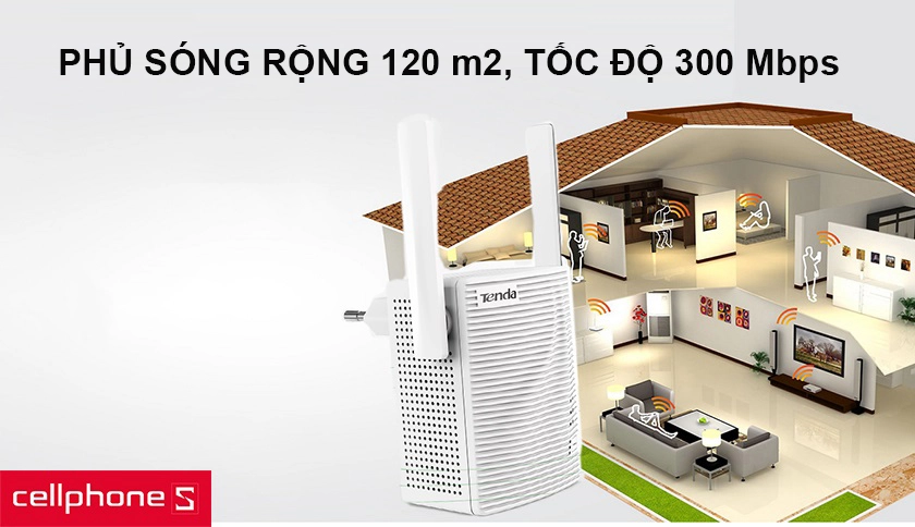 Phạm vi phủ sóng 120m2, chuẩn tốc độ 300Mbps