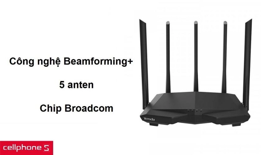 Chip Broadcom của Mỹ và công nghệ Beamforming+, 5 anten độ nhạy 6dBi