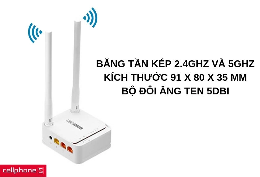 Hỗ trợ băng tần kép 2.4GHz và 5GHz, thiết kế siêu nhỏ, kích thước 91 x 80 x 35 mm, bộ đôi ăng ten 5dBi