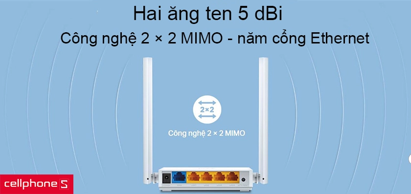 hai ănten 5dBi và năm cổng Ethernet